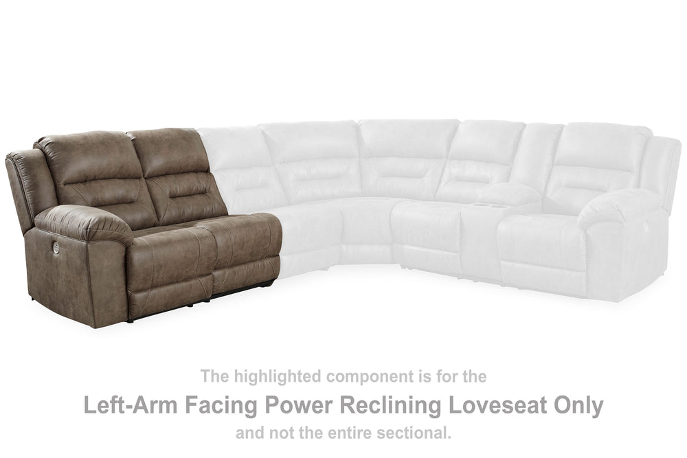 This left-arm facing power reclining loveseat is made with faux leather upholstery. Pairs with other items in the series to make a sectional.<br><br><b>Additional Dimensions</b><br><ul><li>Arm height: 27-"</li><li>Seat depth: 22-"</li><li>Seat height: 20-