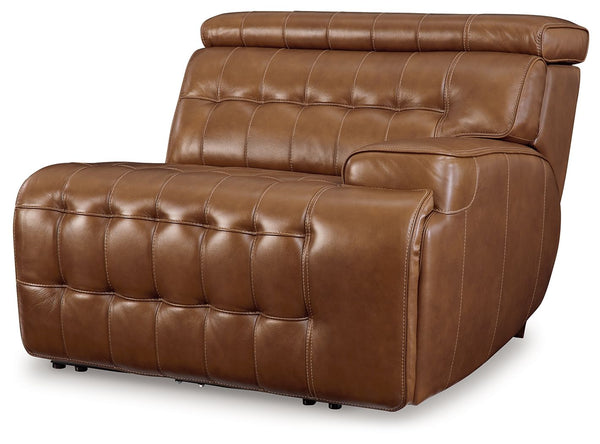 This right-arm facing power recliner is made with a combination of 100% top grain leather and faux leather upholstery. Pairs with other items in the series to make a sectional.<br><br><b>Additional Dimensions</b><br><ul><li>Adjustable height (max): 42.5-"