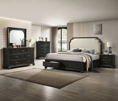 This bedroom set exudes a classic charm with a contemporary twist, highlighted by its elegant charcoal finish and stately silhouette. The centerpiece, a bed with a gracefully arched headboard, is detailed with nailhead trim, adding a touch of sophisticati
