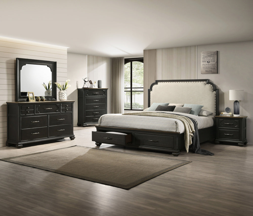 This bedroom set exudes a classic charm with a contemporary twist, highlighted by its elegant charcoal finish and stately silhouette. The centerpiece, a bed with a gracefully arched headboard, is detailed with nailhead trim, adding a touch of sophisticati