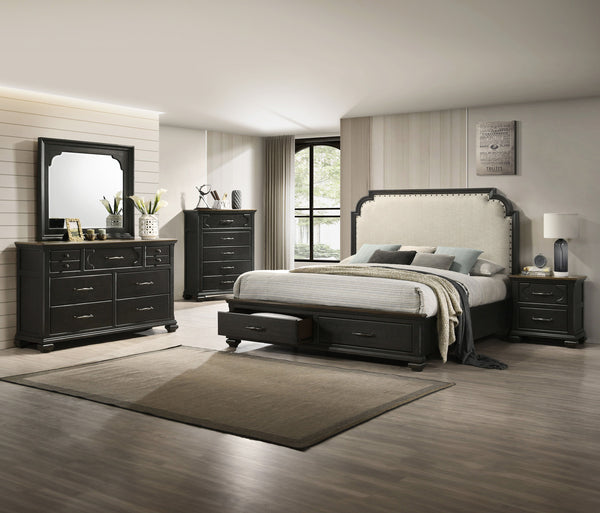 This bedroom set exudes a classic charm with a contemporary twist, highlighted by its elegant charcoal finish and stately silhouette. The centerpiece, a bed with a gracefully arched headboard, is detailed with nailhead trim, adding a touch of sophisticati