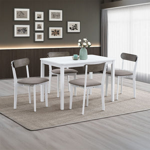 Fidelity dining set exudes modern charm with its sleek design and two-tone chairs. This dining set includes a stylish table and four comfortable chairs, perfect for family meals and gatherings. The chairs feature contrasting tones that add a touch of eleg
