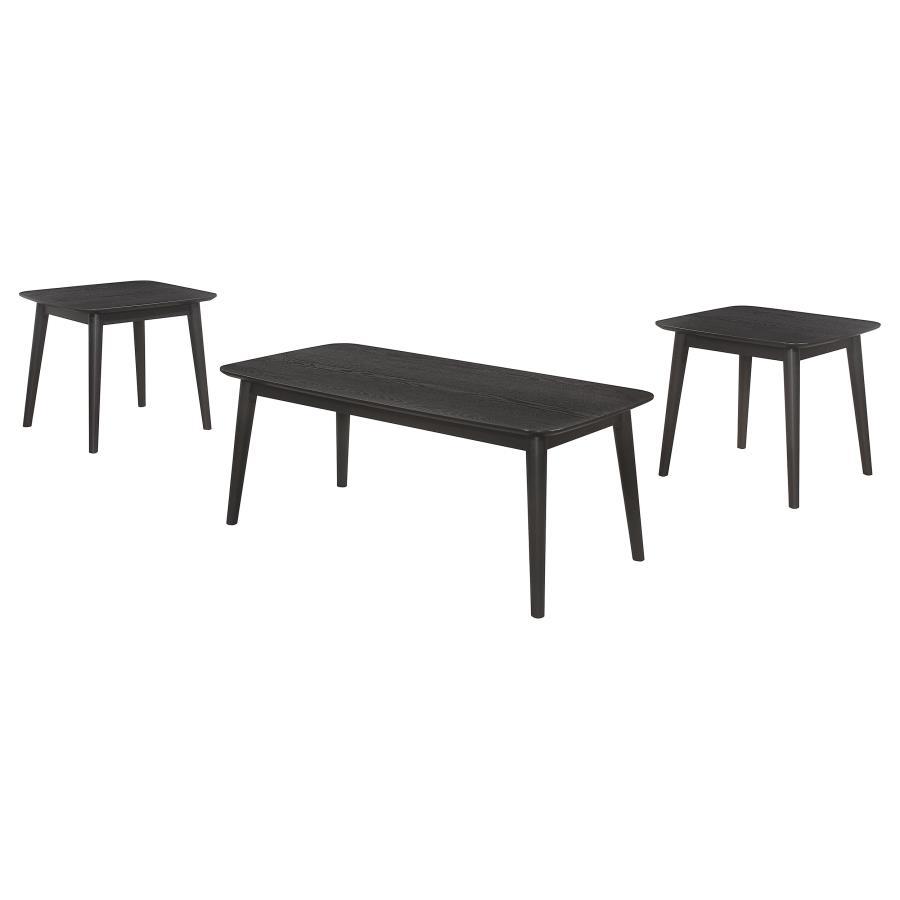 Amid the modern milieu, a three-piece coffee occasional table set stands as a beacon of mid-century inspiration. The coffee table, along with its twin end tables, boasts a black finish so deep it seems to hold secrets within its ash veneer wood grain. Ele