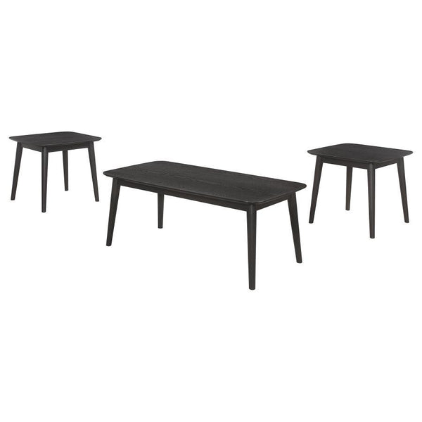 Amid the modern milieu, a three-piece coffee occasional table set stands as a beacon of mid-century inspiration. The coffee table, along with its twin end tables, boasts a black finish so deep it seems to hold secrets within its ash veneer wood grain. Ele