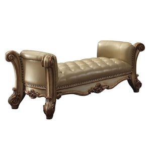 Create an elegant, traditional design in your room with the Vendome Bench. A hand-crafted piece inspired from the luxurious designs of the past, the beautiful bench features a beige button-tufted seat with Nailhead trim and elaborately detailed carvings o