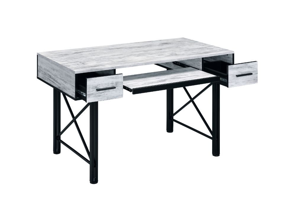 The Settea Desk bring a mix-and-match look with distressed casegood and black metal frame. Found atop a double pedestal base, It is accented with metal trim and -"X-" shpaed support for industrial details. The rectangular table is designed for a spacious 