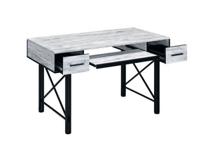  It is accented with metal trim and -"X-" shpaed support for industrial details. The rectangular table is designed for a spacious 