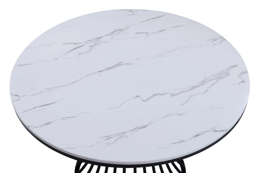 This dining set is a sophisticated blend of contemporary design and artistic flair, ideal for modern homes seeking a touch of elegance. The set features a sleek, round table with a faux marble top that is both beautiful and easy to care for. The table-'s 