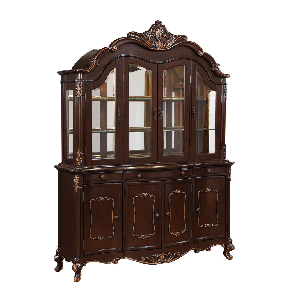 The Royal Classics Constantine 2-Piece China Buffet and Hutch Set in cherry is a stunning blend of heirloom craftsmanship and practical design, making it an elegant addition to any dining space. This set includes a china buffet base and a hutch top, both 