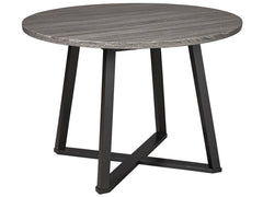 With its distinctive X-shaped base, this round dining table serves up a fresh twist on mid-century inspired style. Its mixed material and two-tone aesthetic are beautifully in balance. Sporting a dramatic charcoal gray hue, the top is crafted of durable M