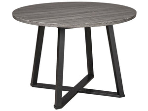 With its distinctive X-shaped base, this round dining table serves up a fresh twist on mid-century inspired style. Its mixed material and two-tone aesthetic are beautifully in balance. Sporting a dramatic charcoal gray hue, the top is crafted of durable M