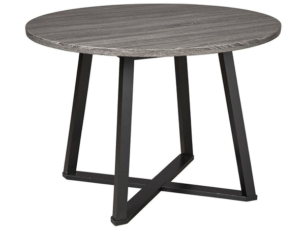 With its distinctive X-shaped base, this round dining table serves up a fresh twist on mid-century inspired style. Its mixed material and two-tone aesthetic are beautifully in balance. Sporting a dramatic charcoal gray hue, the top is crafted of durable M