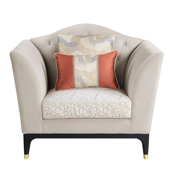  the seat cushions are upholstered in a geometric fabric. The black base and fee