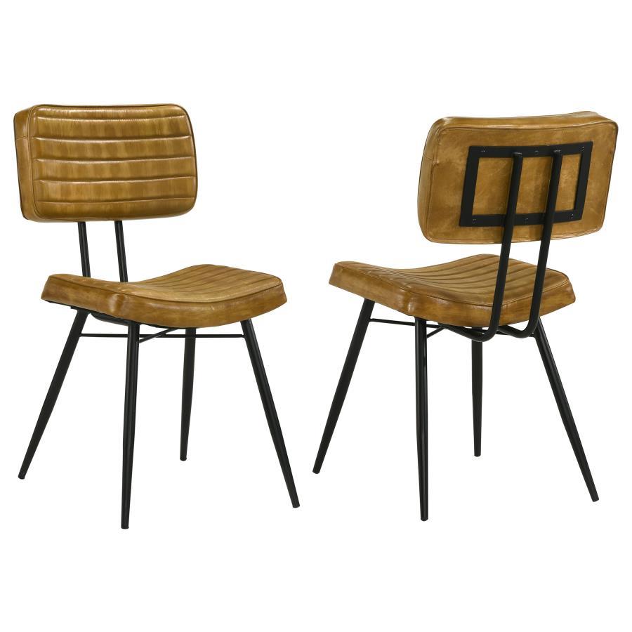 Blending industrial edge with vintage charm, this dining side chair is a striking addition to any dining space. Upholstered in hand-dyed genuine goat leather, the padded seat and backrest offer both comfort and durability. Vertical tufting details enhance