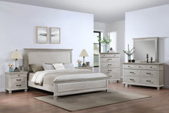 The Silver Sands 6 Piece Wood Bedroom Set in Gray is designed to combine durability, style, and functionality, making it a perfect addition to any bedroom. This set includes a an upholstered panel bed, a dresser, a mirror, two nightstands, and a chest, pr