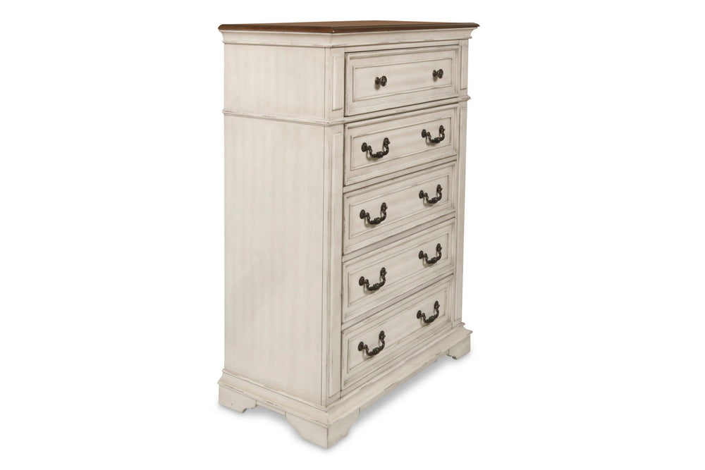 Complete your bedroom ensemble with the New Classic Furniture Anastasia 5 Drawer Chest in Antique White, a testament to real wood craftsmanship with solid poplar and oak veneer for enduring durability. The heirloom finish, achieved through a meticulous mu