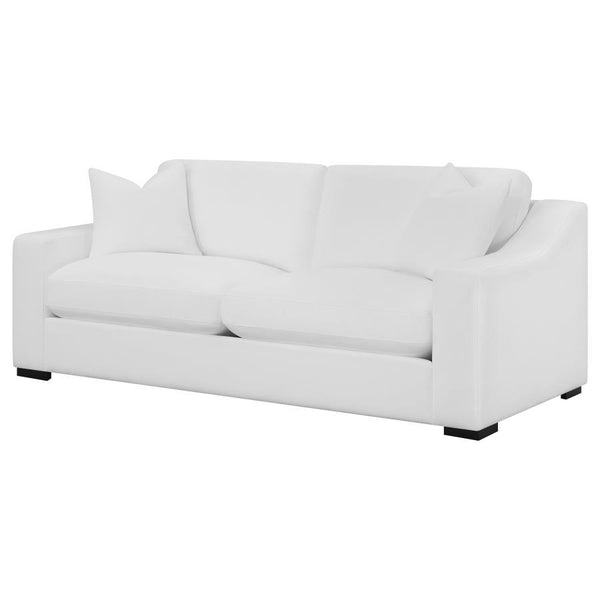  upholstered in a crisp white trillium polyester blend performance fabric across elegant sloped track armrests and reversible box seat and back cushions w