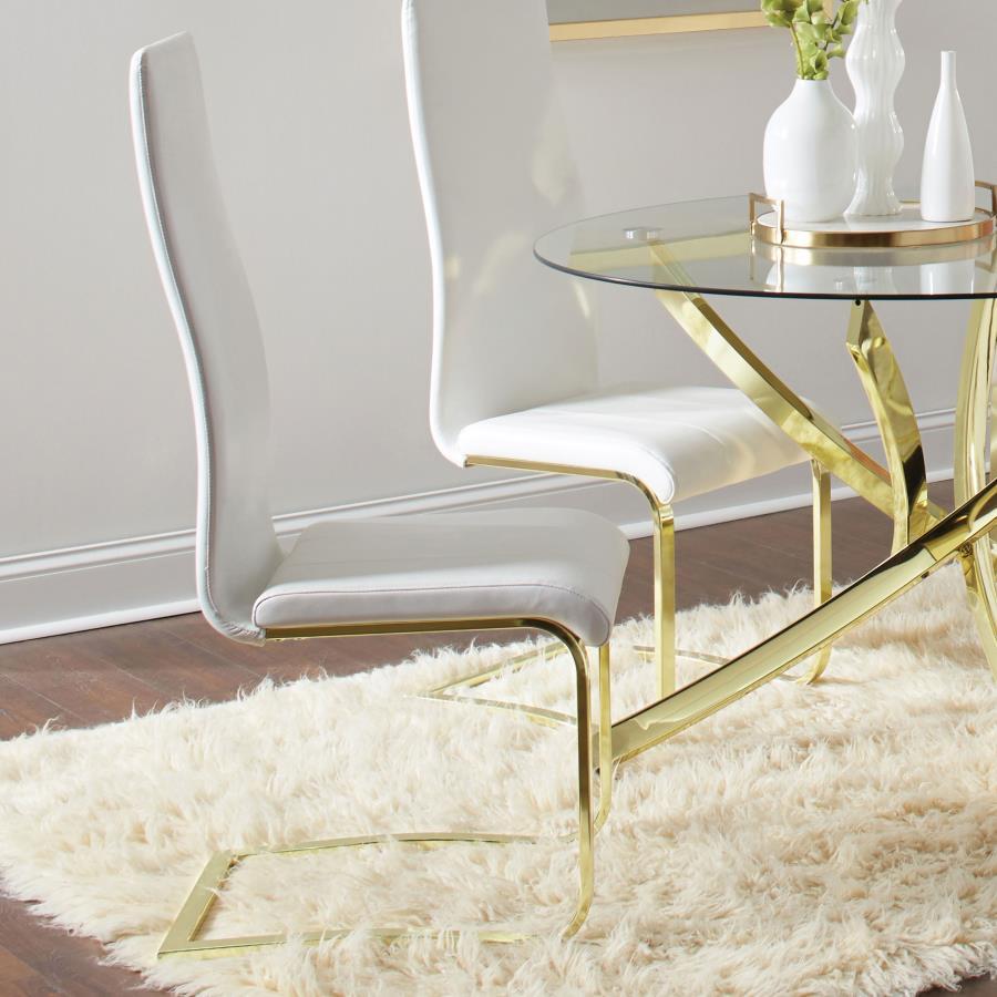 This dining chair brings a sleek, modern aesthetic to any dining space. Its cantilever design offers a floating effect, supported by sturdy gold electroplated metal legs for a luxurious touch. Upholstered in smooth white faux leather, the high backrest an