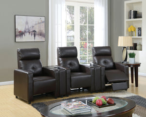 The Britten home theater set is constructed with expresso PU. This modern collection features tight back and seat cushion, with a contemporary style design and convenience cup holder console, fits every living room.<br/><br/><b>Product Features</b><ul><li