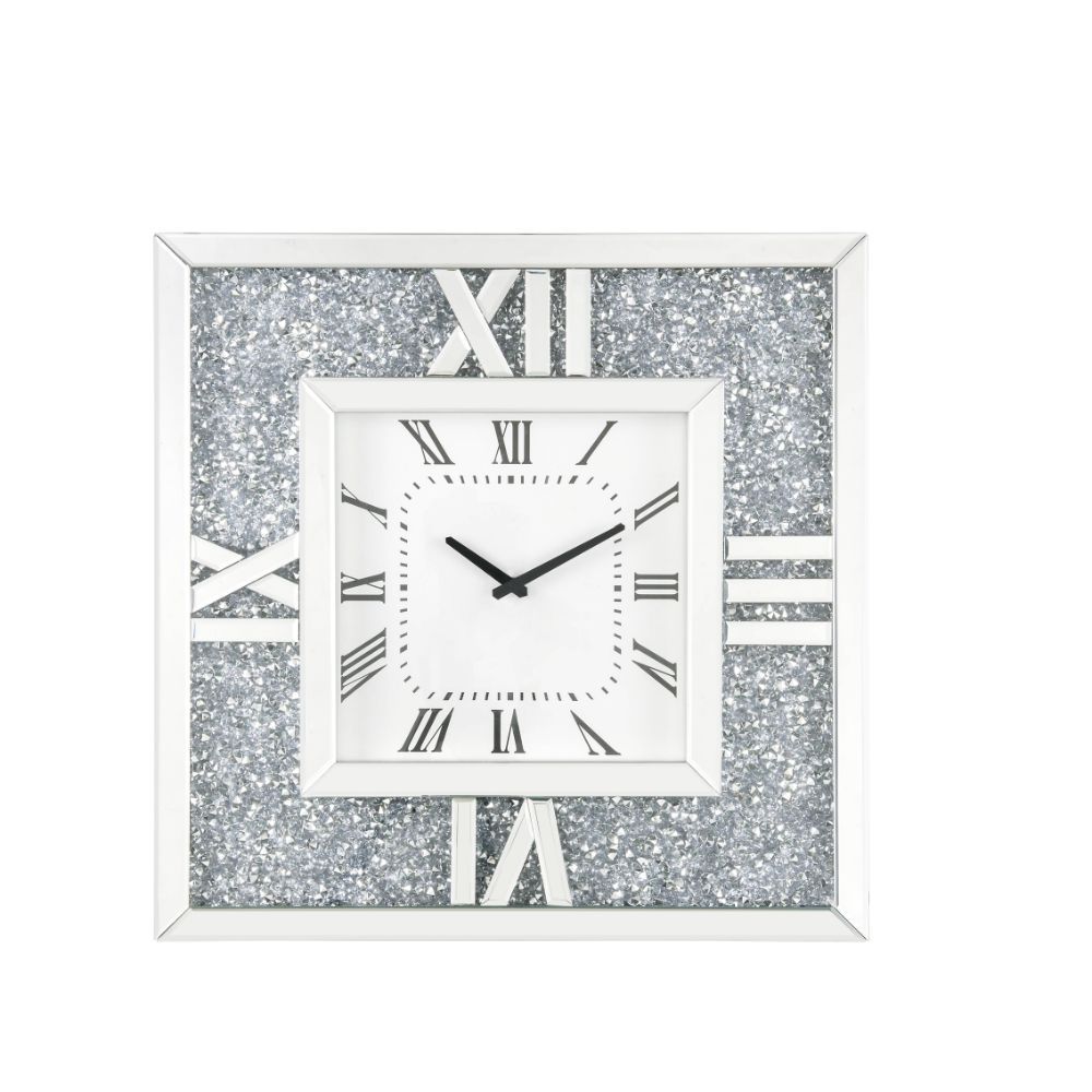This Noralie square wall clock is covered in beveled mirrored panels that highlight its glamorous style. Featuring crushed acrylic faux diamonds that will naturally attract the eye. Durable engineered wood supports the frame. The clock face comes with a t