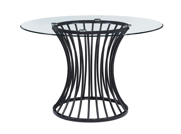 Bring contemporary elegance to your dining area with this stunning dining set, combining sleek design with timeless sophistication. The centerpiece is a striking glass-top table, featuring a sculptural black metal base that adds an artistic flair and a se