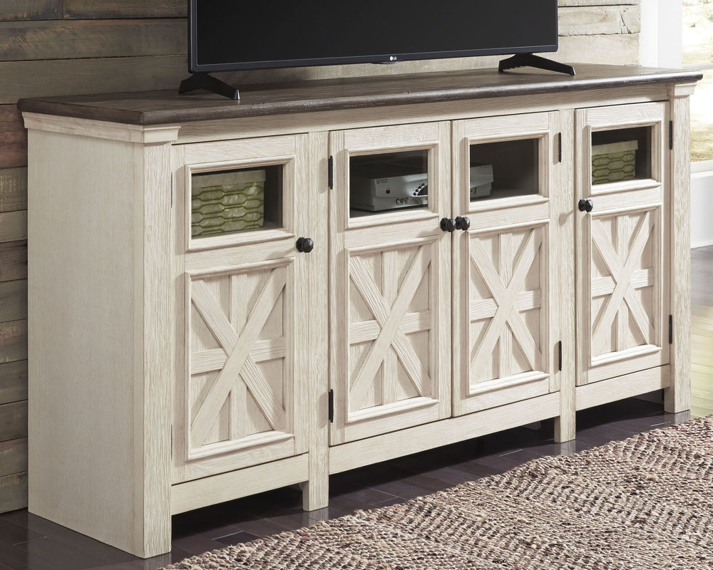 Whether your style is farmhouse fresh, shabby chic or country cottage, youâ€™ll find this extra large TV stand perfectly in tune. Its two-tone, gently distressed finish pairs weathered oak with antiqued white for that much more quaint character. Charming 