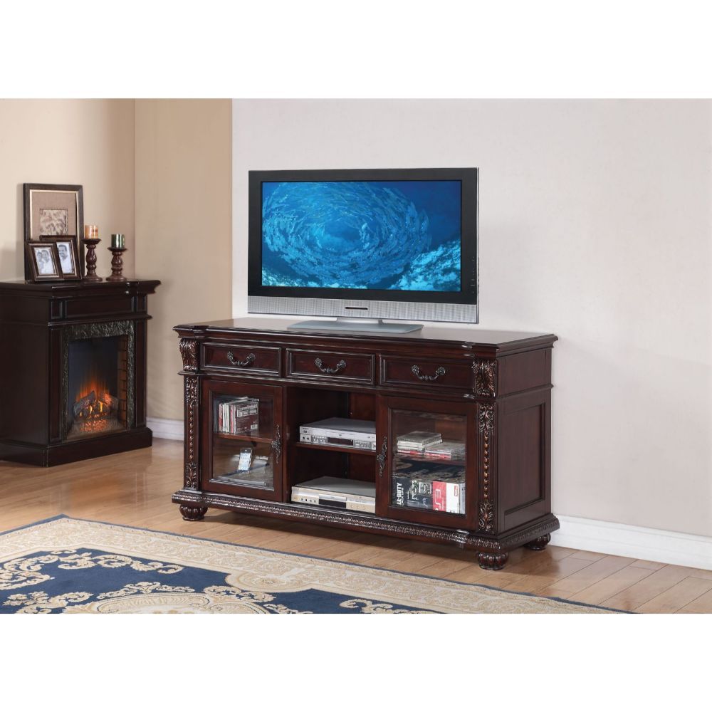 The Anondale TV stand classic style will blend masterfully in your living room area. The storage feature offers plenty of space to keep your entertainment components: two glass doors, and two media compartments, are complemented by three top drawers. Care