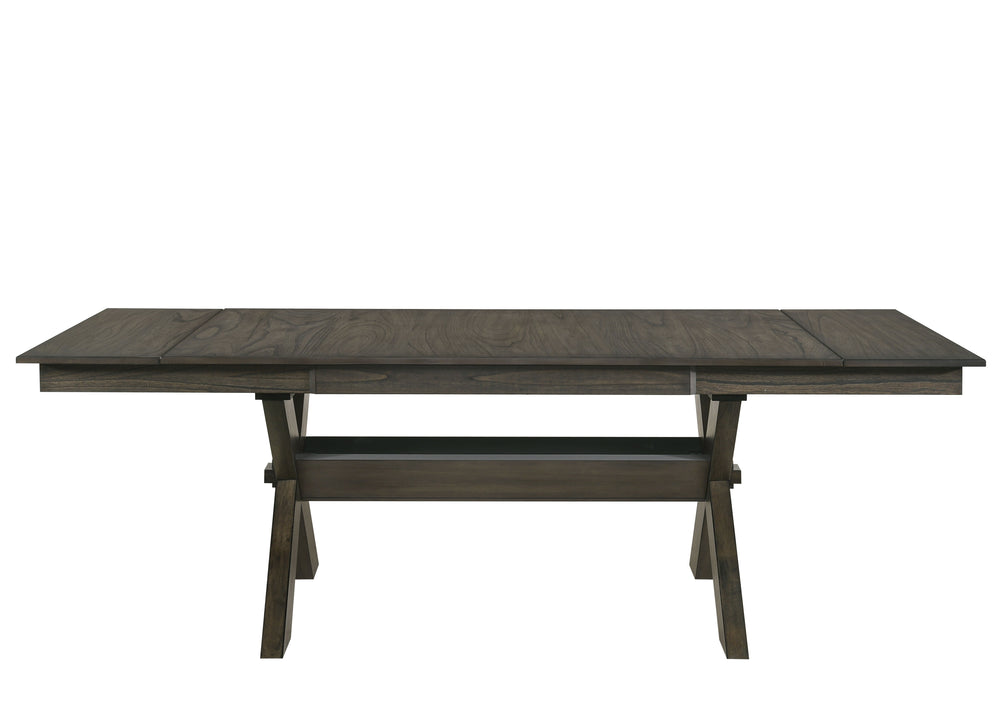 The Gulliver Wood Trestle Dining Table in rustic brown is a perfect addition to your dining space, designed for both style and durability. This set includes one dining table top and one robust X-style trestle base, crafted from solid rubberwood, manufactu
