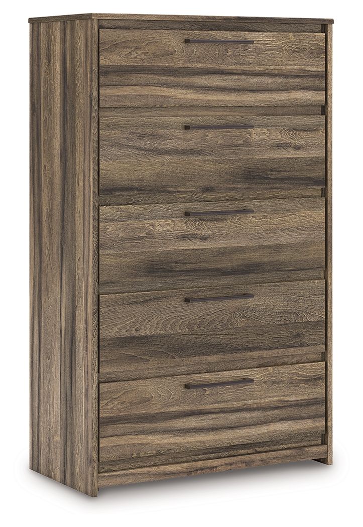 Casually cool style and lots of storage go hand in hand with this chest of drawers. A weathered brown finish over replicated oak grain creates an easygoing vibe, setting the scene in your restful retreat. Clean lines and modern handles provide a fuss-free