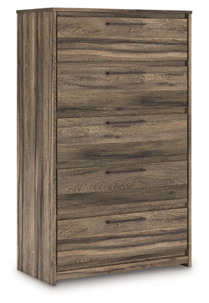 Casually cool style and lots of storage go hand in hand with this chest of drawers. A weathered brown finish over replicated oak grain creates an easygoing vibe, setting the scene in your restful retreat. Clean lines and modern handles provide a fuss-free