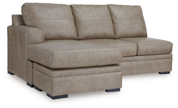 This left-arm facing sofa chaise is made with a combination of 100% top grain leather and faux leather upholstery. Pairs with other items in the series to make a sectional<br><br><b>Additional Dimensions</b><br><ul><li>Arm height: 27-"</li><li>Seat depth: