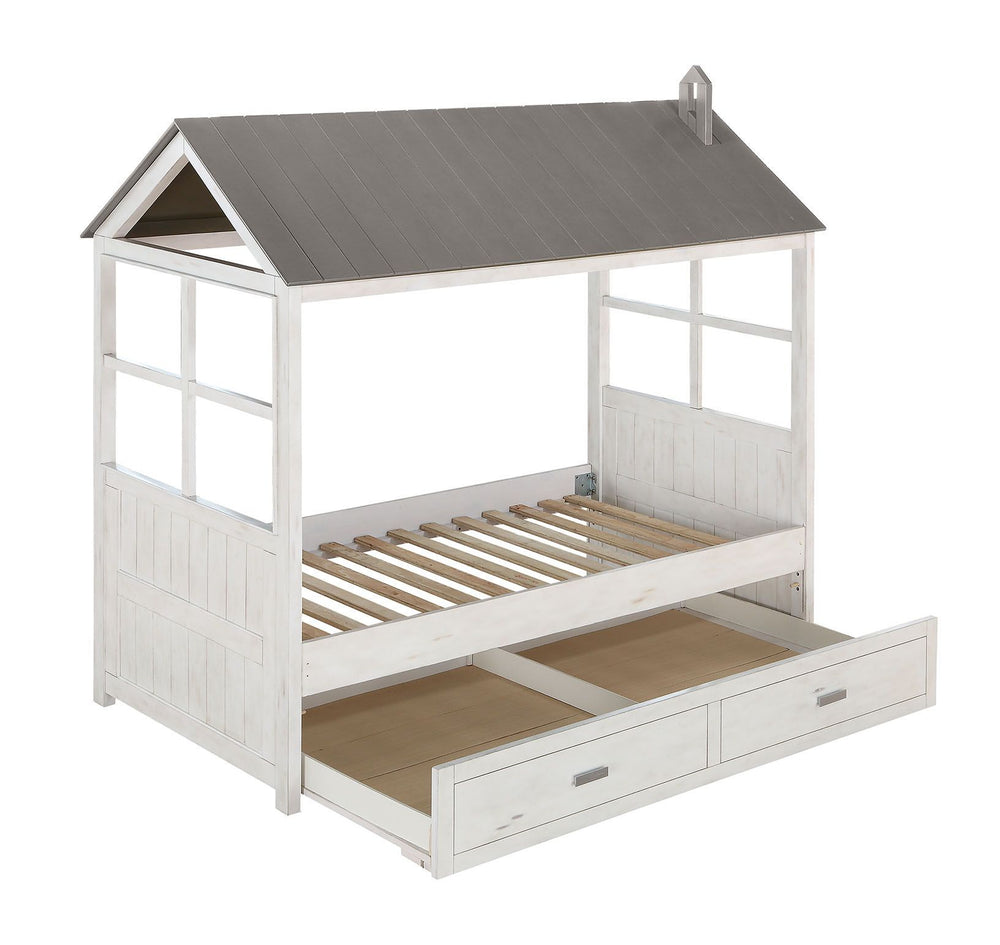 Your children will adore the magical Tree House II bed that evokes the spirit and appeal of an outdoor tree house. This unique bed sits inside a classic house frame, with beadboard panel headboard, footboard .and roof and features eight open windows in a 
