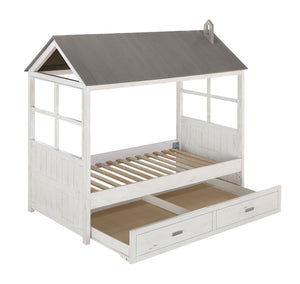 Your children will adore the magical Tree House II bed that evokes the spirit and appeal of an outdoor tree house. This unique bed sits inside a classic house frame, with beadboard panel headboard, footboard .and roof and features eight open windows in a 