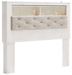 The epitome of fashion-forward design, this queen upholstered bookcase headboard is a beautiful blend of comfort and luxury. Shiny chrome-tone accents, a pearlized finish and button-tufted upholstery bring a glam touch to the richly rustic appearance. Rem