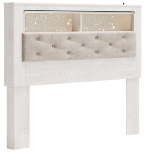The epitome of fashion-forward design, this queen upholstered bookcase headboard is a beautiful blend of comfort and luxury. Shiny chrome-tone accents, a pearlized finish and button-tufted upholstery bring a glam touch to the richly rustic appearance. Rem