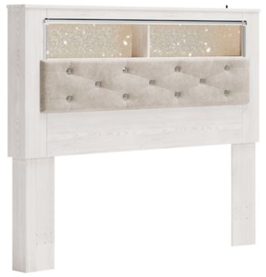 The epitome of fashion-forward design, this queen upholstered bookcase headboard is a beautiful blend of comfort and luxury. Shiny chrome-tone accents, a pearlized finish and button-tufted upholstery bring a glam touch to the richly rustic appearance. Rem