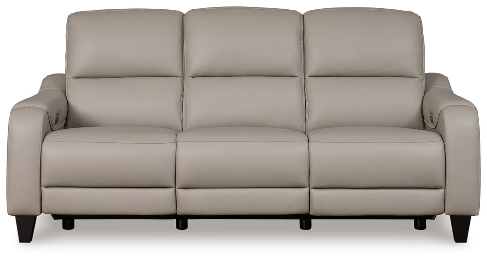 This power reclining sofa puts a sleek twist on laid-back living. It satisfies your desire for comfort without being bulky in design, thanks to subtly incorporated one-touch reclining and adjustable headrests. With chic exposed legs and stunning stitching