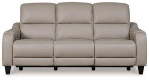 This power reclining sofa puts a sleek twist on laid-back living. It satisfies your desire for comfort without being bulky in design, thanks to subtly incorporated one-touch reclining and adjustable headrests. With chic exposed legs and stunning stitching