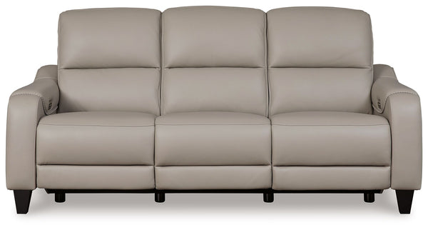 This power reclining sofa puts a sleek twist on laid-back living. It satisfies your desire for comfort without being bulky in design, thanks to subtly incorporated one-touch reclining and adjustable headrests. With chic exposed legs and stunning stitching