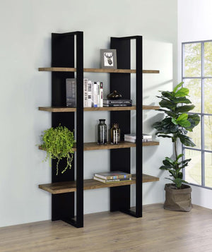  this bookcase features an open and airy shelving design with four spacious full-length shelves to display decor