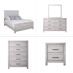 Introducing the Biscayne 5 Piece Bedroom Set, a comprehensive ensemble featuring a stylish bed, 6-drawer dresser, mirror, 5-drawer chest, and 2-drawer nightstand. Crafted with durable manufactured wood and finished with Eco-Friendly laminated surfaces, th