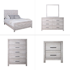 Introducing the Biscayne 5 Piece Bedroom Set, a comprehensive ensemble featuring a stylish bed, 6-drawer dresser, mirror, 5-drawer chest, and 2-drawer nightstand. Crafted with durable manufactured wood and finished with Eco-Friendly laminated surfaces, th