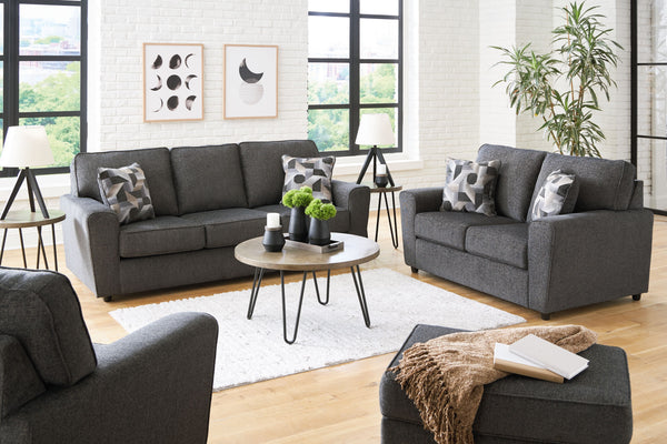 Revamp your sleekly styled living room sanctuary with this living room group. Well-suited to contemporary spaces with a calming neutral upholstery in slate gray, it makes a subtle design statement in your space whether youâ€™re hosting guests or enjoying 