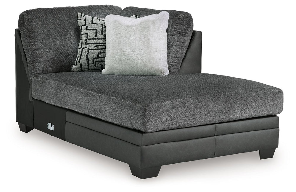 This right-arm facing corner chaise is made with polyester and faux leather upholstery. Pairs with other items in the series to make a sectional.<br><br><b>Additional Dimensions</b><br><ul><li>Seat depth: 57-"</li><li>Seat height: 21-"</li><li>Top of cush