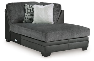 This right-arm facing corner chaise is made with polyester and faux leather upholstery. Pairs with other items in the series to make a sectional.<br><br><b>Additional Dimensions</b><br><ul><li>Seat depth: 57-"</li><li>Seat height: 21-"</li><li>Top of cush