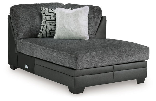 This right-arm facing corner chaise is made with polyester and faux leather upholstery. Pairs with other items in the series to make a sectional.<br><br><b>Additional Dimensions</b><br><ul><li>Seat depth: 57-"</li><li>Seat height: 21-"</li><li>Top of cush