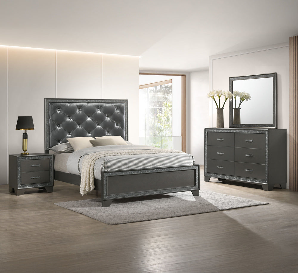 This luxurious bedroom collection exudes opulence with its dark, shimmering finishes and plush, tufted upholstery. The bed is a showstopper, featuring a high, tufted headboard that invites you to recline in comfort and style. Accompanying the bed are a ma