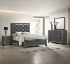 This luxurious bedroom collection exudes opulence with its dark, shimmering finishes and plush, tufted upholstery. The bed is a showstopper, featuring a high, tufted headboard that invites you to recline in comfort and style. Accompanying the bed are a ma