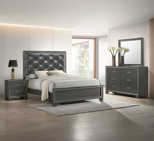 This luxurious bedroom collection exudes opulence with its dark, shimmering finishes and plush, tufted upholstery. The bed is a showstopper, featuring a high, tufted headboard that invites you to recline in comfort and style. Accompanying the bed are a ma