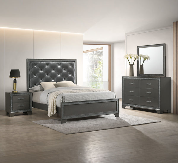 This luxurious bedroom collection exudes opulence with its dark, shimmering finishes and plush, tufted upholstery. The bed is a showstopper, featuring a high, tufted headboard that invites you to recline in comfort and style. Accompanying the bed are a ma